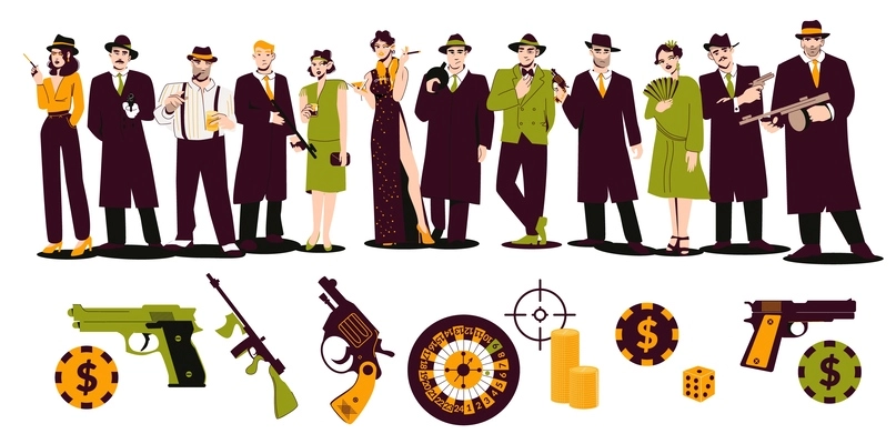 Mafia flat set of gangster characters and women dressed in fashion of 30s of 20th century vector illustration