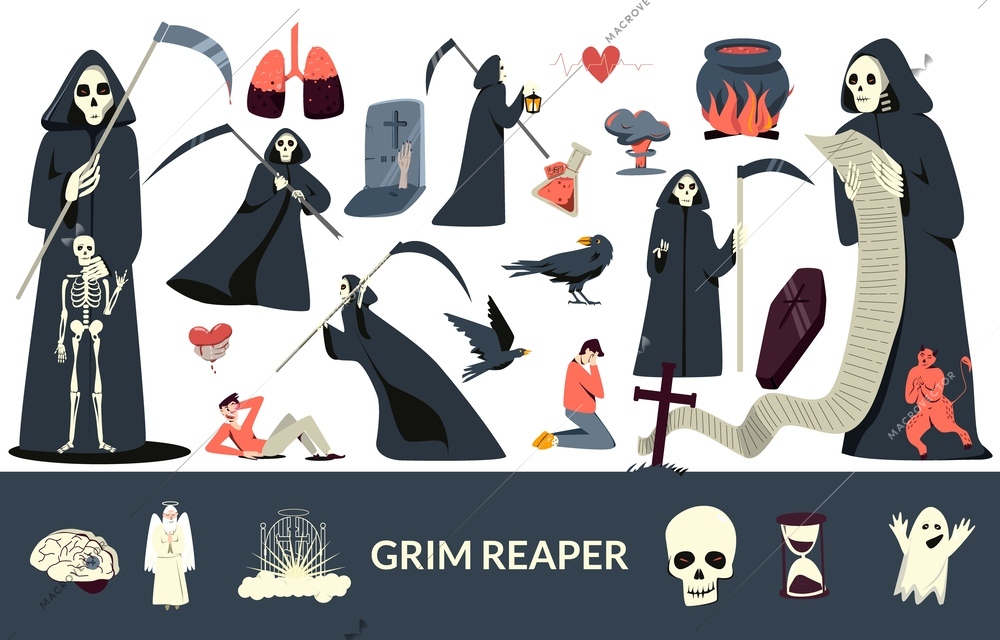 Grim reaper flat set including  skeleton skull black raven grave ghost isolated vector illustration