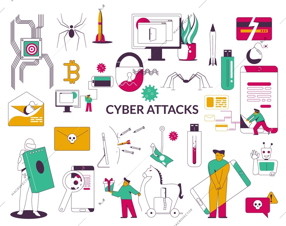 Cyber attacks color set of flat icons in thin lines style isolated vector illustration