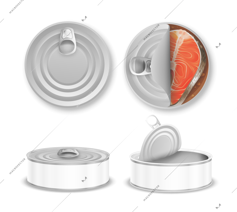 Realistic blank aluminium tin cans set with top and side view containers with canned fish isolated on white background vector illustration