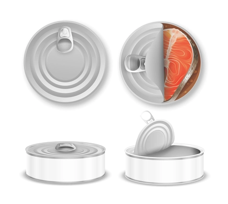 Realistic blank aluminium tin cans set with top and side view containers with canned fish isolated on white background vector illustration