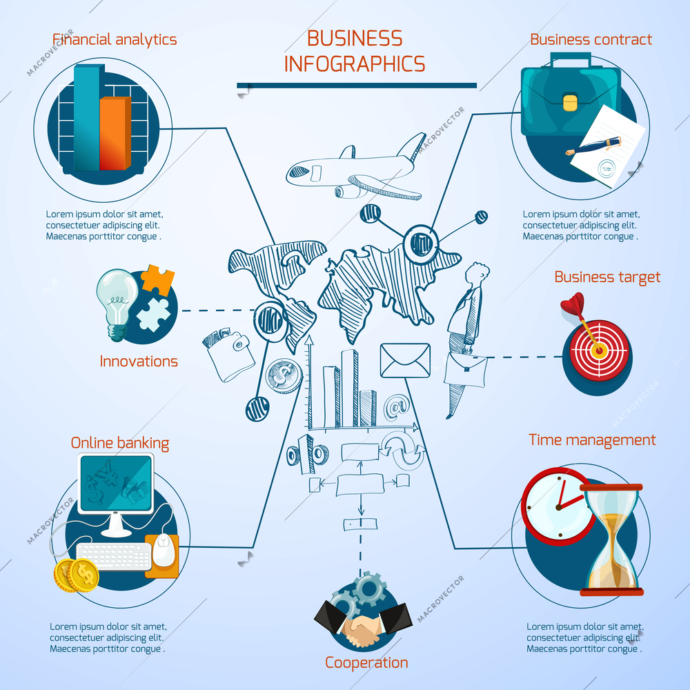 Business Infographics Set with sketch financial analytics contract and target symbols vector illustration