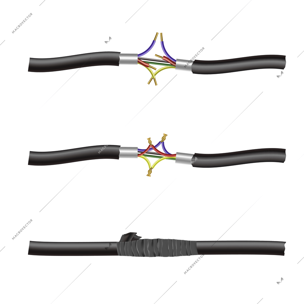 Three damaged and repaired electric cables realistic set isolated vector illustration