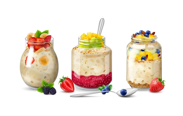 Three isolated realistic overnight oats icon set with pieces of fruits jam and berries vector illustration