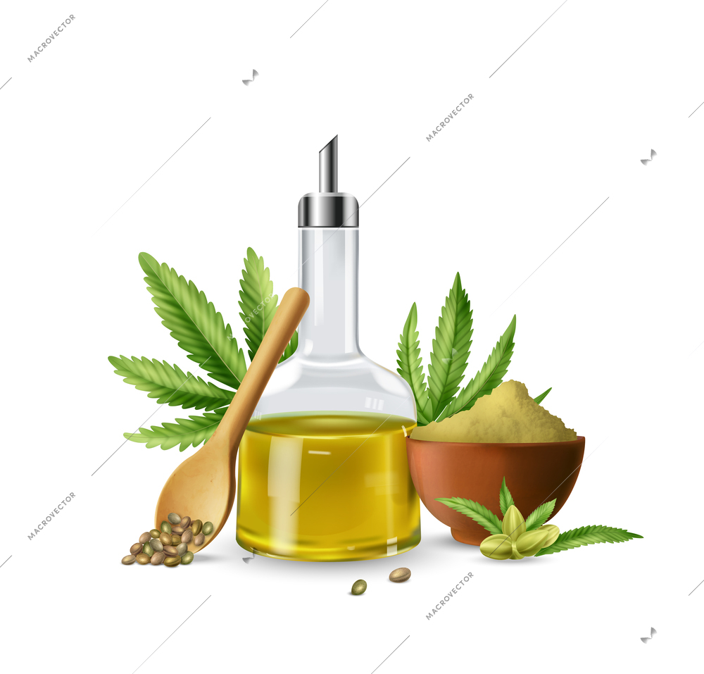 Realistic cannabis colored composition with bottle of oil cannabis seeds and flour vector illustration