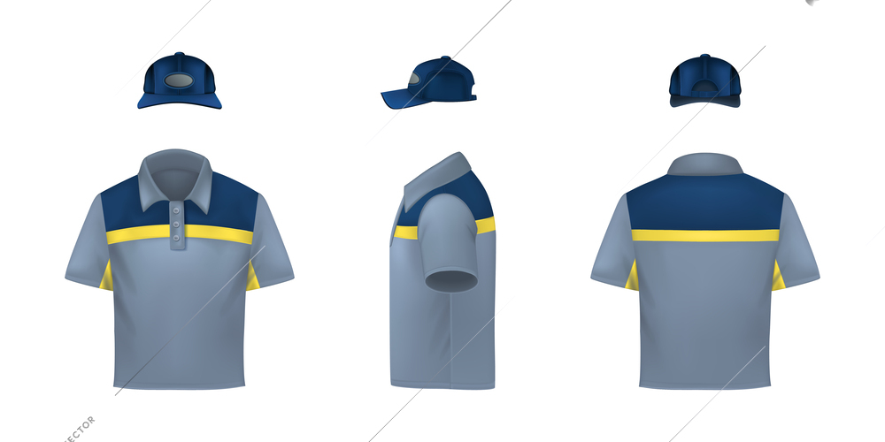 Workwear uniform realistic set with three isolated views of cap and t-shirt from different angles vector illustration