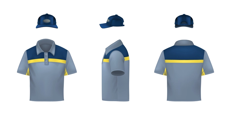 Workwear uniform realistic set with three isolated views of cap and t-shirt from different angles vector illustration