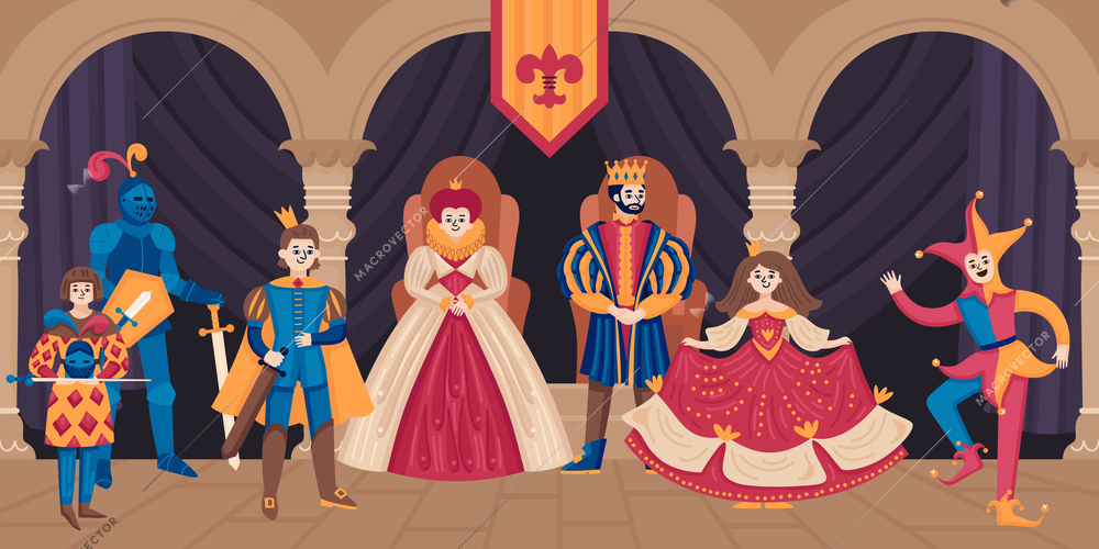 Medieval kingdom composition with human characters of king queen and prince with dancing joker and knight vector illustration