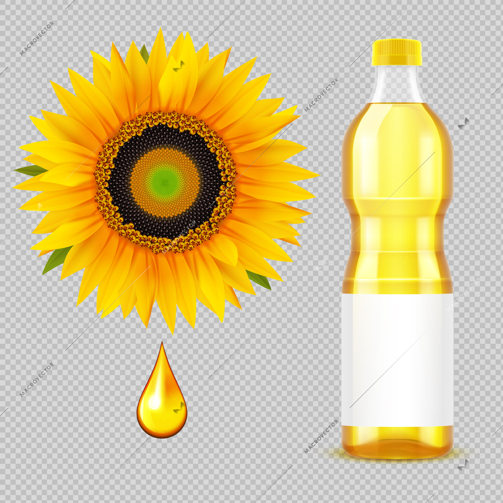 Sunflower seed oil realistic set of oil drop orange flower and plastic bottle on transparent background isolated vector illustration