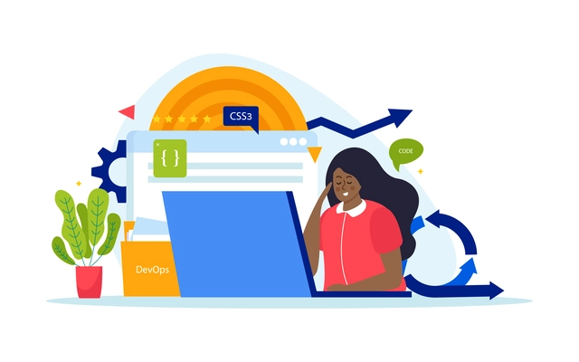 Devops engineering flat composition with black woman character engaged in software development for web page design vector illustration