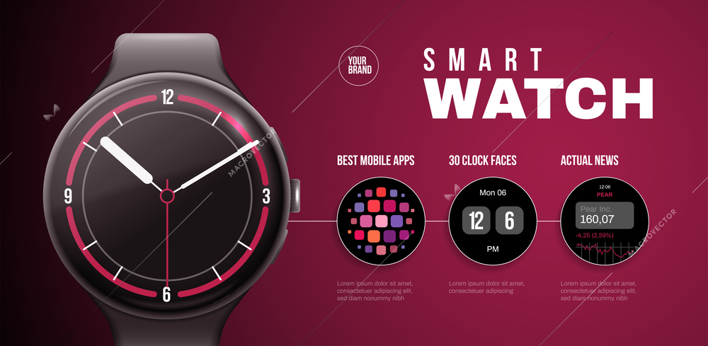 Smart watch horizontal poster with actual news and best mobile apps functions realistic vector illustration