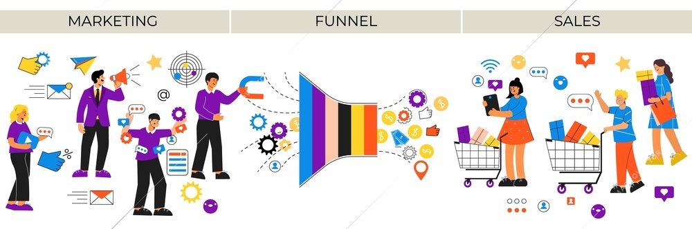 Funnel composition with text and flat isolated icons characters of marketing and sales teams exchanging data vector illustration