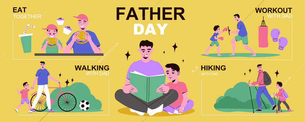 Father son infographic with eat together walking hiking and workout whit dad descriptions vector illustration