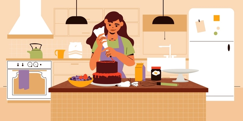 Woman cooking at home decorating cake with berry cream flat vector illustration