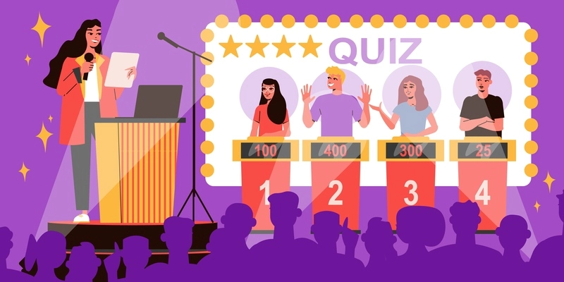 Four people participating in tv quiz show with female host and audience silhouette flat vector illustration