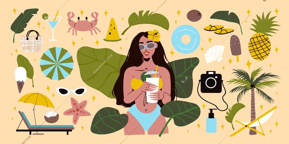 Tropical beach big flat set with woman in swimsuit drinking cocktail lounge fruits sun cream camera umbrella leaves isolated on color background vector illustration