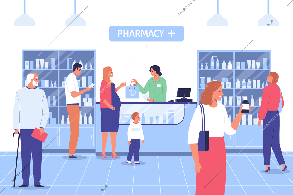 Pharmacy story flat background with visitors and apothecary woman working at counter vector illustration