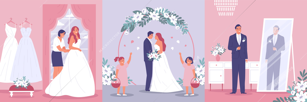 Wedding ceremony design concept with groom and bride preparation routine and floral arch with loving couple vector illustration