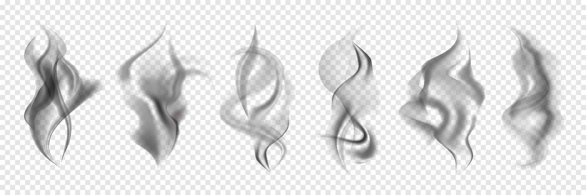 Realistic steam smoke black icon set different movements of smoke in the wind vector illustration