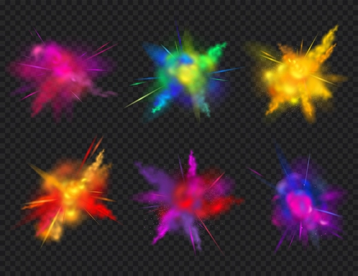 Realistic colored splashes transparent icon set with six powder splashes on dark background vector illustration