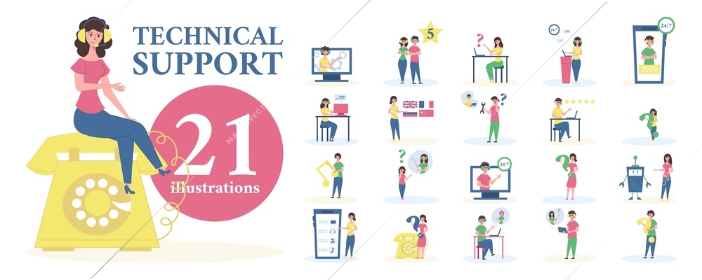 Technical IT support composition set with assistance symbols flat isolated vector illustration