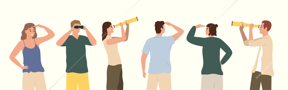 People looking into distance into future flat composition with men and women using binoculars and spyglass vector illustration