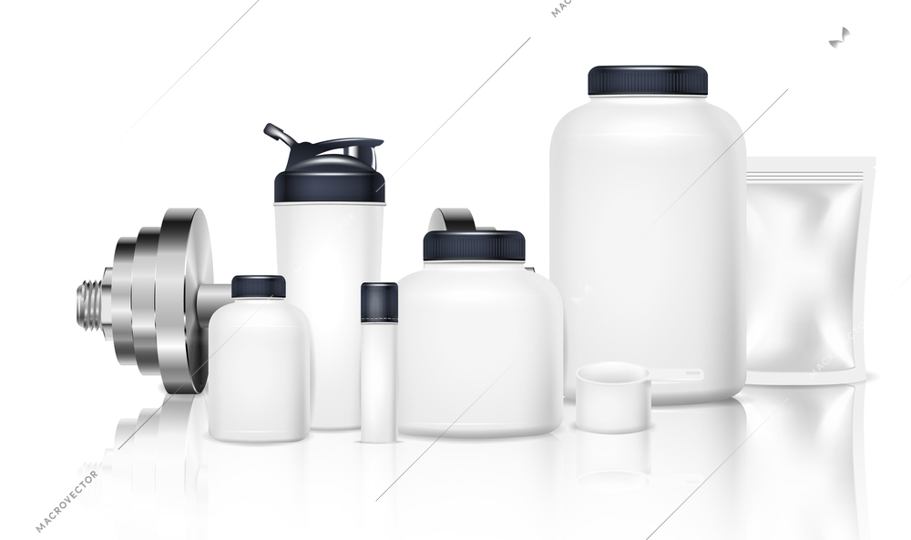 Sport nutrition package realistic composition with view of white jars and bottles with caps abd dumbbells vector illustration