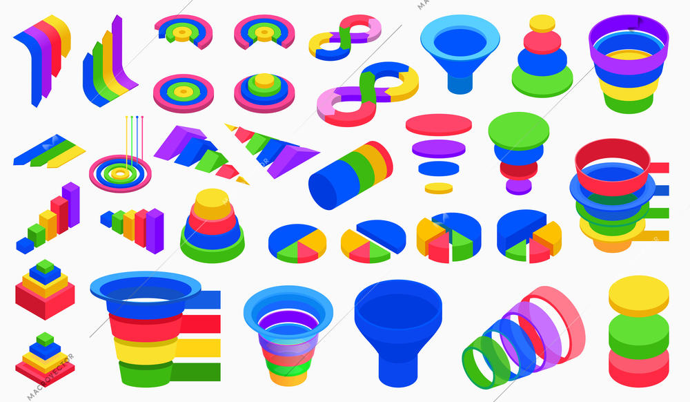 Colorful set of funnel infographic elements and charts isolated vector illustration