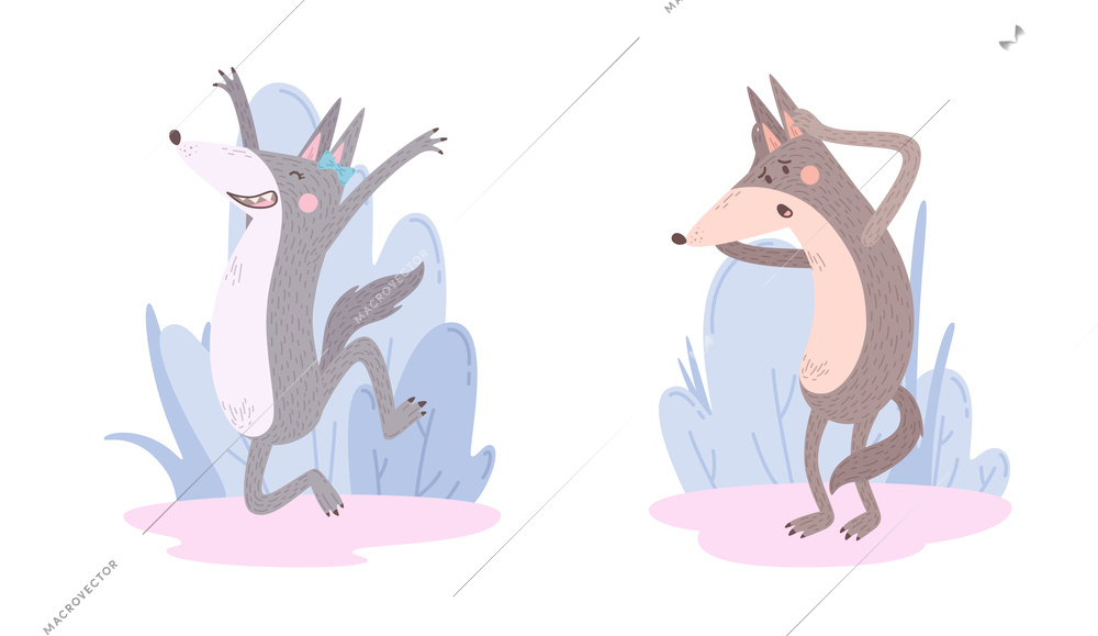 Two cute cheerful female and upset male wolf characters isolated cartoon vector illustration