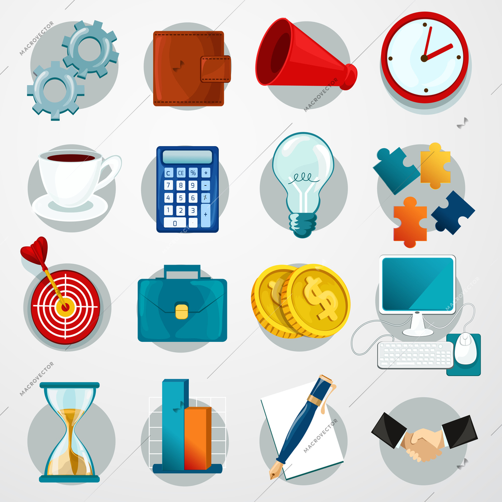 Business flat icons set with gears wallet megaphone clock isolated vector illustration