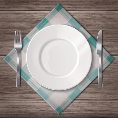 Dishware realistic composition with top view of clean white plate fork and knife on napkin on wooden table vector illustration