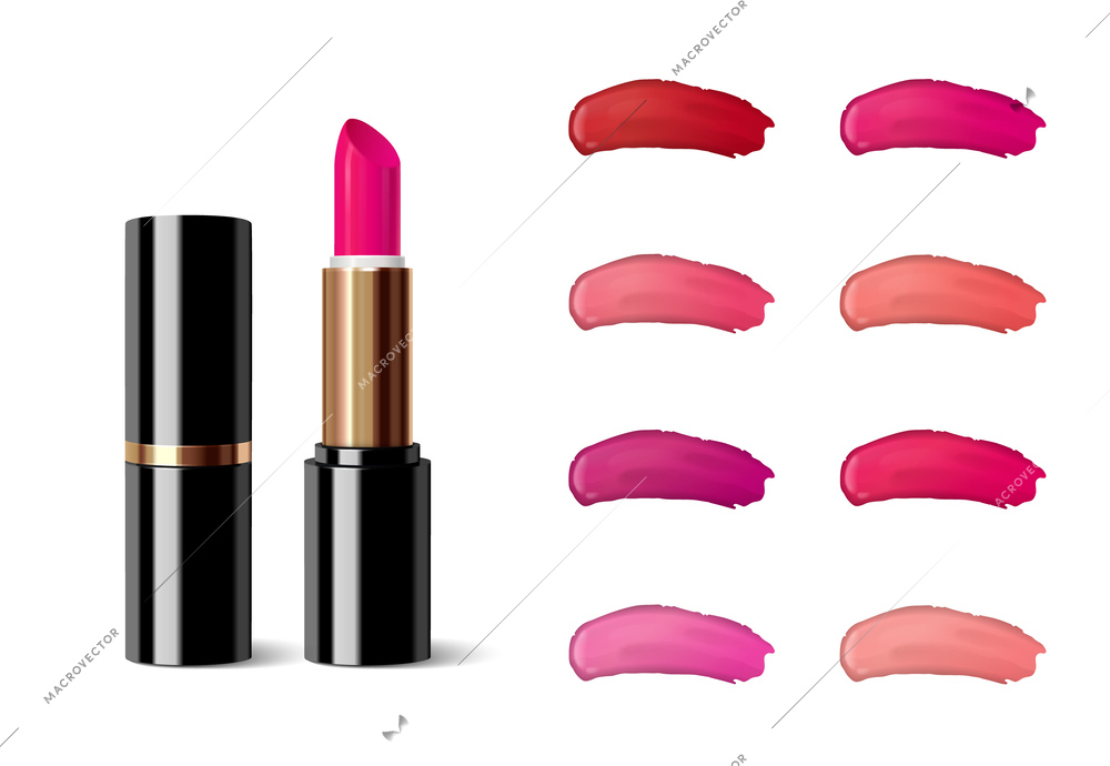 Lipstick colour swatch set for trendy makeup isolated on white background realistic vector illustration