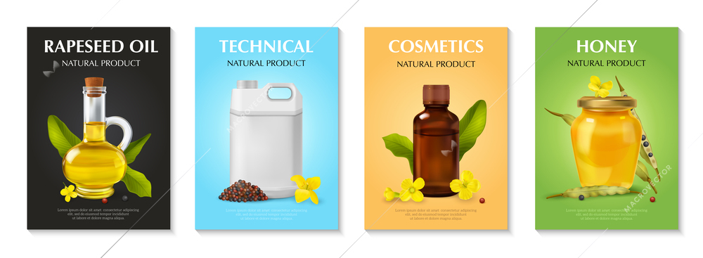 Rape canola poster set with cosmetics symbols realistic isolated vector illustration