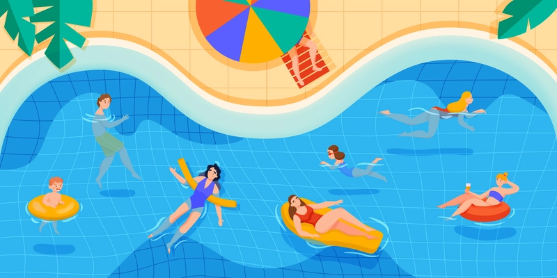 Swimming pool colored composition curved shore of the pool and people relaxing in it vector illustration