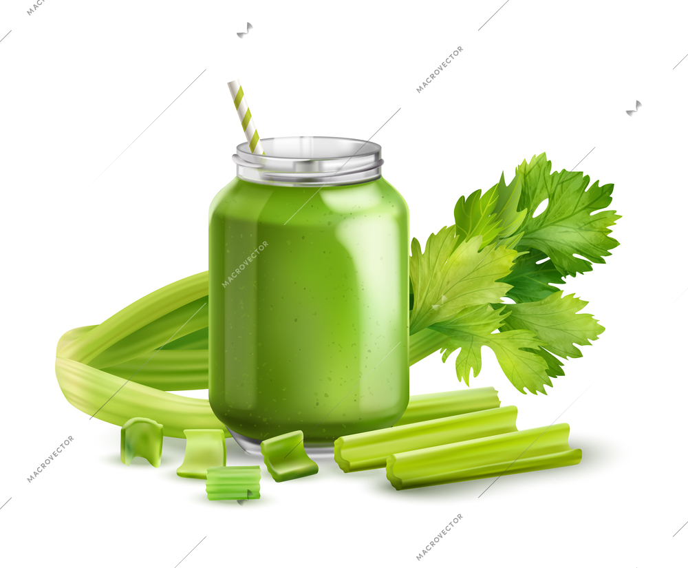 Realistic celery composition with greens and  big jar of healthy celery smoothie vector illustration