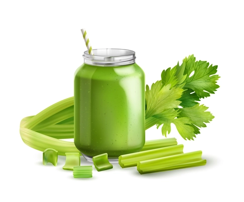 Realistic celery composition with greens and  big jar of healthy celery smoothie vector illustration