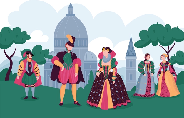 Renaissance style nature composition women and men in costume in front of medieval castles and other buildings vector illustration