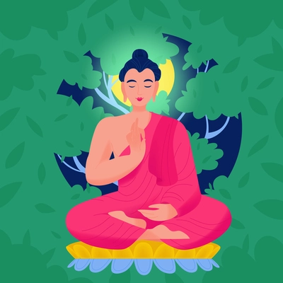 Ancient indian hindu god buddha composition a figure in lotus pose against the moon vector illustration