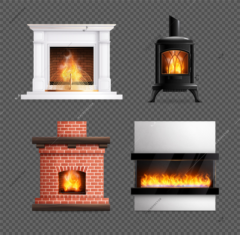 Fireplace realistic set with four isolated images of chimney with various design and materials with fire vector illustration