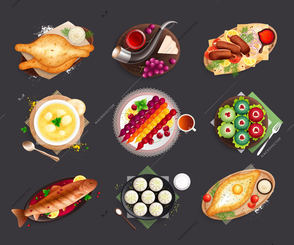 Georgia cuisine set with isolated images of served dishes with traditional georgian food drinks and cutlery vector illustration