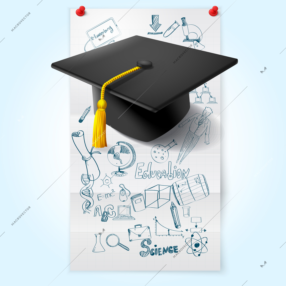 Education sketch on paper sheet with graduation hat vector illustration