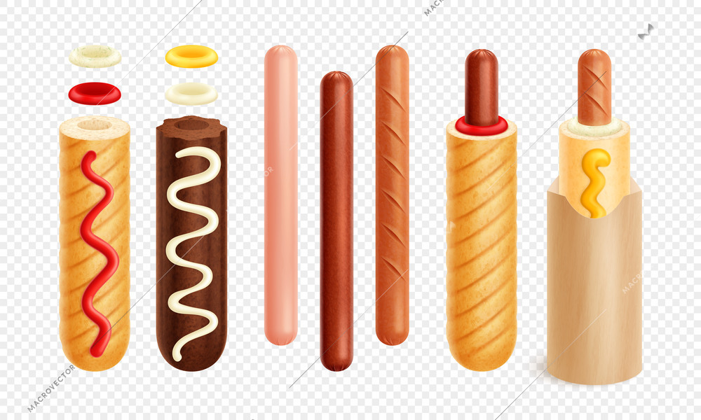 French hot dog set with isolated icons of hotdog essentials realistic images of bread and sausages vector illustration