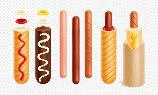 French hot dog set with isolated icons of hotdog essentials realistic images of bread and sausages vector illustration