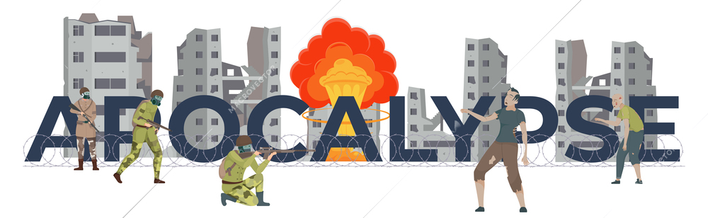 Apocalypse city flat concept with atomic explosion and ruined buildings vector illustration