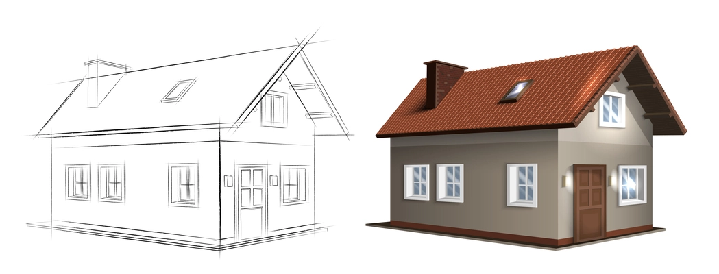 Realistic chalet house drawing set with perspective isolated vector illustration