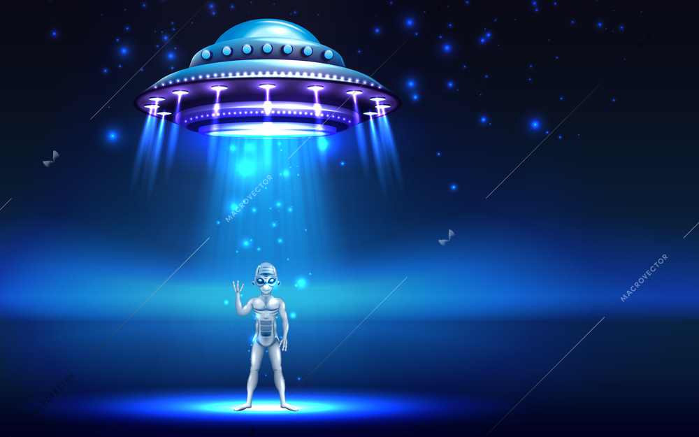 Alien ufo background with galaxy research symbols realistic vector illustration