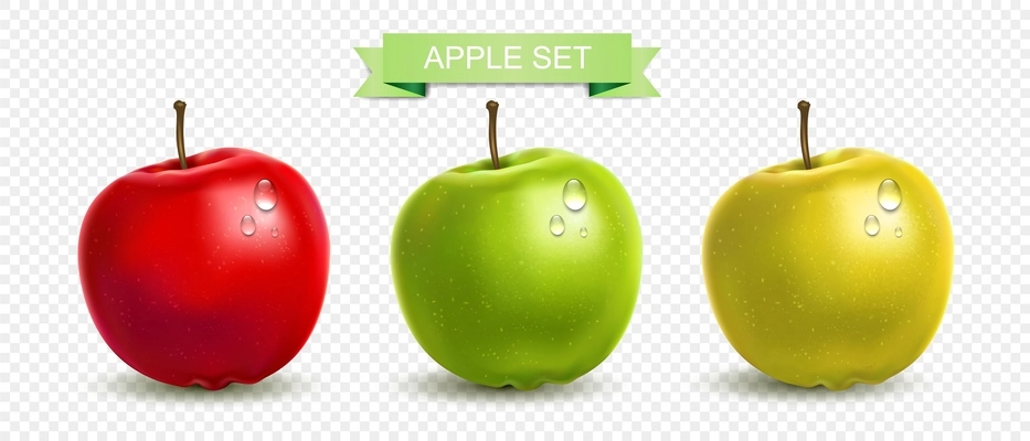 Realistic set with whole ripe red green and yellow apples with drops isolated against transparent background vector illustration