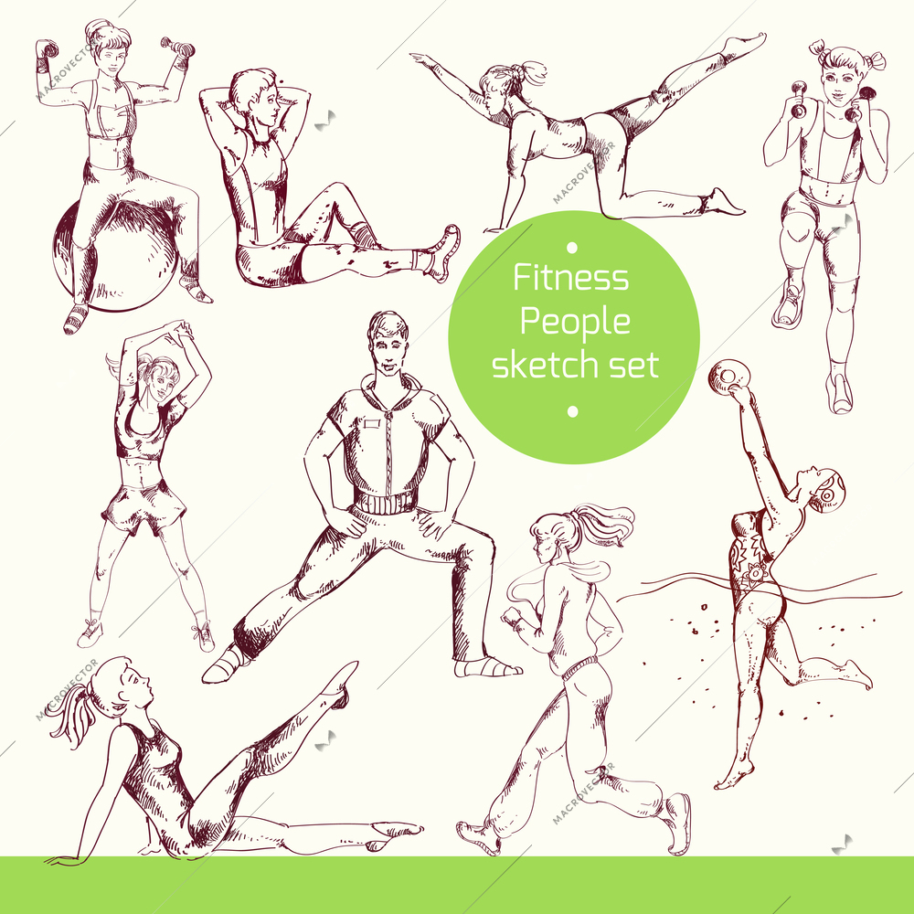 People doing fitness sport training workout exercises sketch set isolated vector illustration