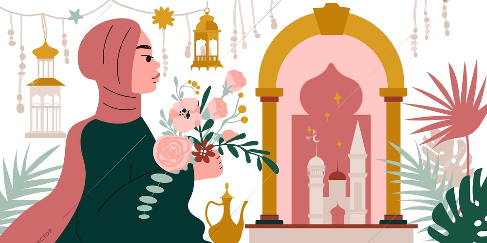 Islamic woman with flowers and traditional boho symbols on background flat vector illustration