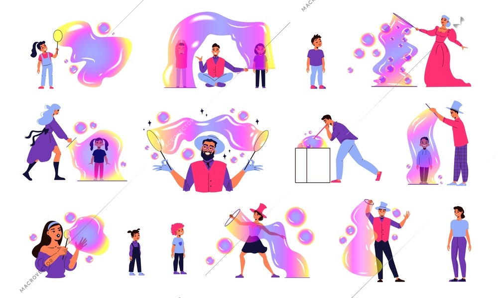 Soap bubbles show color flat icons set isolated vector illustration